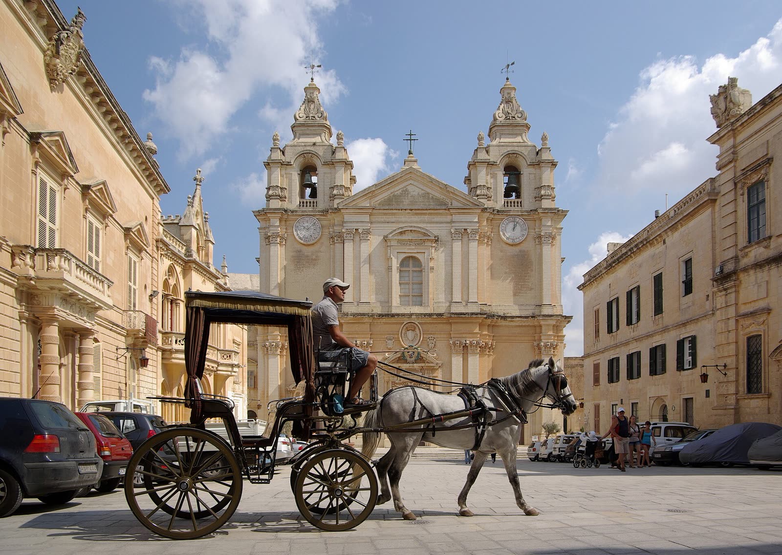 St Paul's Square and Cathedral with a karozzin carriage, Mdina, Malta