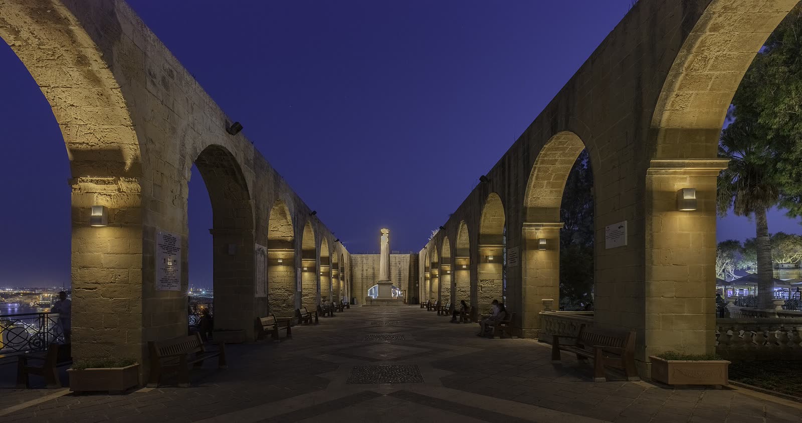 The arches of Upper Barrakka Gardens at dusk, Valletta, Malta