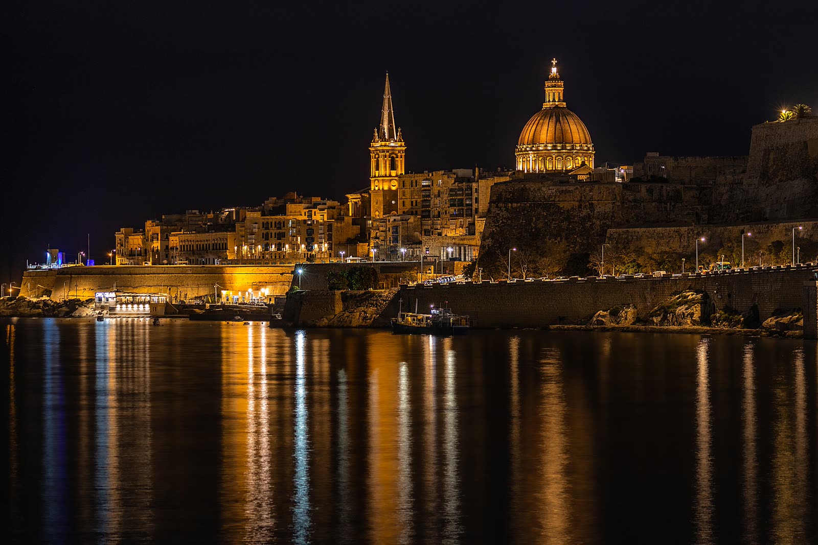 The Valletta skyline lit up at night, Malta